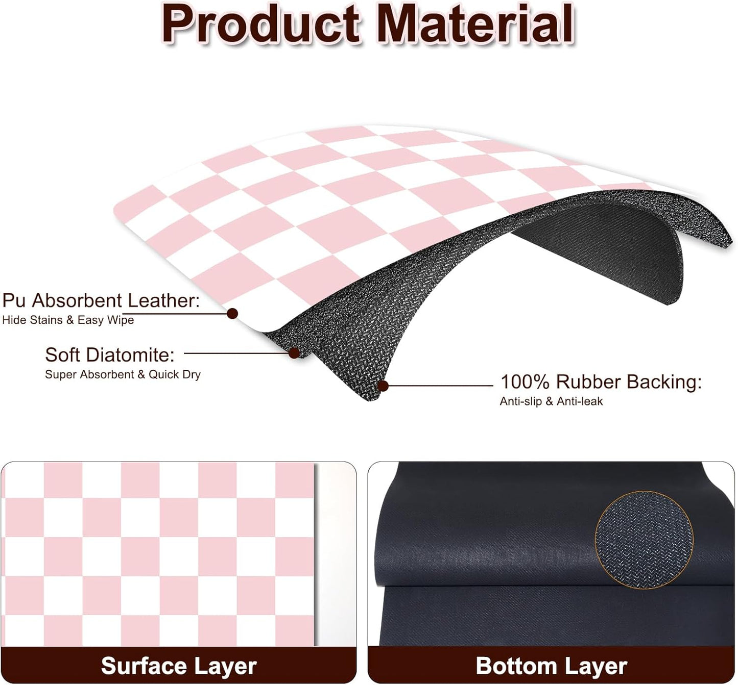 Dish Drying Mat for Kitchen, 15.7’’ X 17.7’’ Coffee Bar Mats for Countertop Fit Under Coffee Maker, Checkered Drying Mat, Hide Stain Rubber Backed Espresso Machine Absorbent Drying Pad, Pink & White