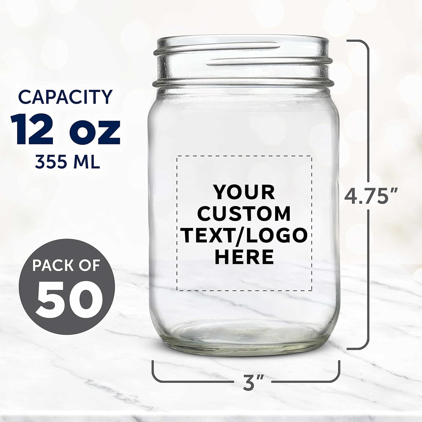 DISCOUNT PROMOS Custom Decorating Mason Jars 12 oz. Set of 50, Personalized Bulk Pack - Glass Jars for Overnight Oats, Candies, Fruits, Pickles, Spices, Beverages - Clear