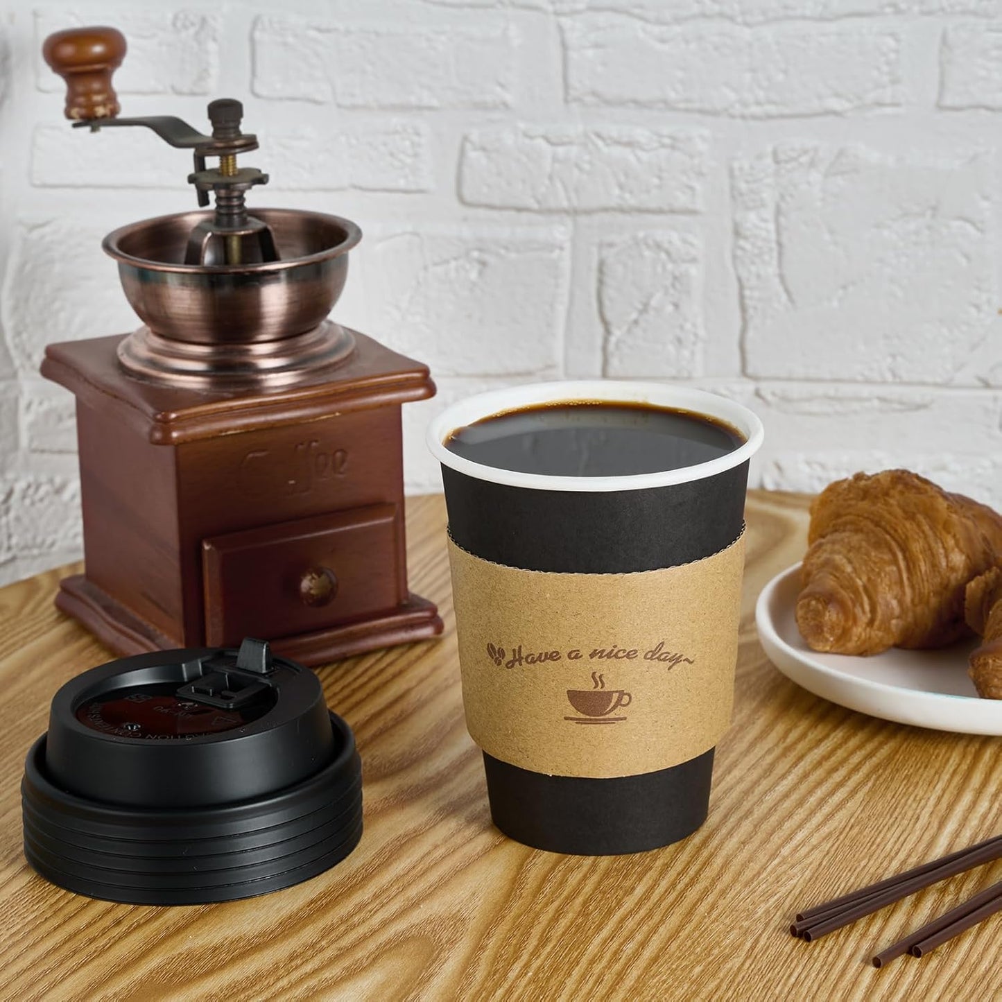 LITOPAK 100 Pack 12 oz Paper Coffee Cups for Hot Chocolate Drinks, Black Disposable Coffee Cups with Lids, Sleeves and Stirring Sticks for Parties, Picnic, Travel, and Events