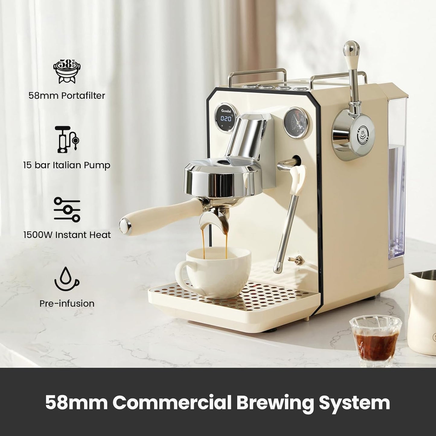 Owl Espresso Machine, 15 Bar Professional Semi-Automatic Espresso Maker with Milk Frother Steam Wand, 57oz Removable Water Tank, Dual Display, for Cappuccino, Latte at home, G3006, Ivory White