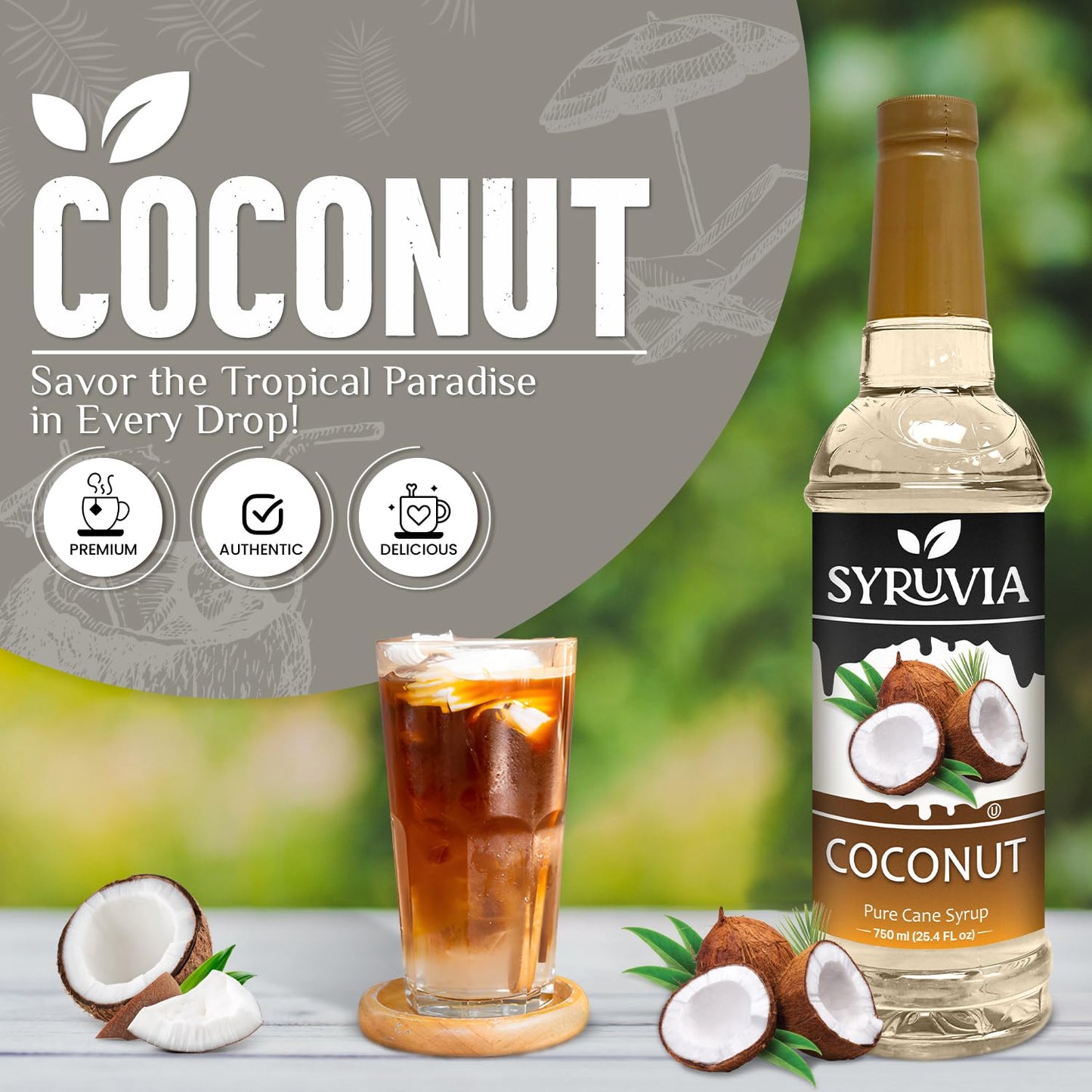 Syruvia Coconut Coffee Syrup - 25.4 fl oz. Premium Coffee Flavoring Syrup. Kosher, and Gluten-Free. Perfect for Enhancing Drinks, Sodas, Shakes, Desserts, and More.