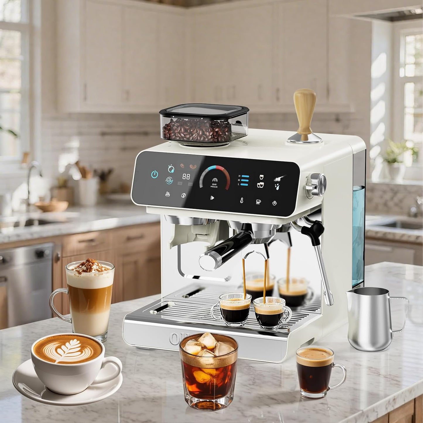 Espresso Machine with Grinder, 20 Bar Professional Espresso Maker with 19 Grind Sizes, Coffee Machine with Milk Frother, 2.8L Removable Water Tank for Latte & Cappuccino