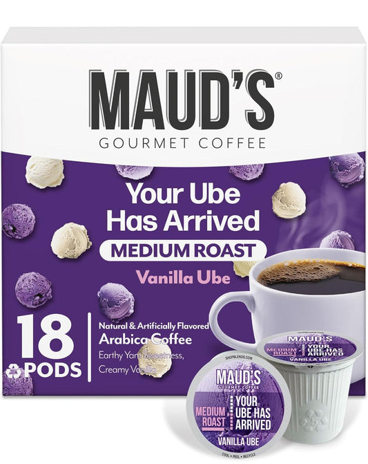 Maud's Vanilla Ube Flavored Coffee Pods, 18 ct, Medium Roast Flavored Coffee in Recyclable Single Serve Pods – 100% Arabica Beans, Compatible with Keurig K Cups Maker