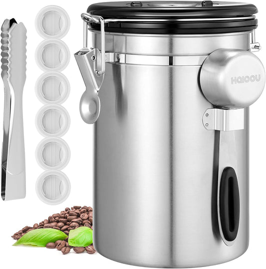 Airtight Coffee Canister, HAIOOU 22OZ Large Stainless Steel Coffee Bean Storage Container with Date Tracker, Measuring Scoop, 6Pcs CO2 Valves and Mini Tongs for Beans, Grounds, Sugar and more - Silver
