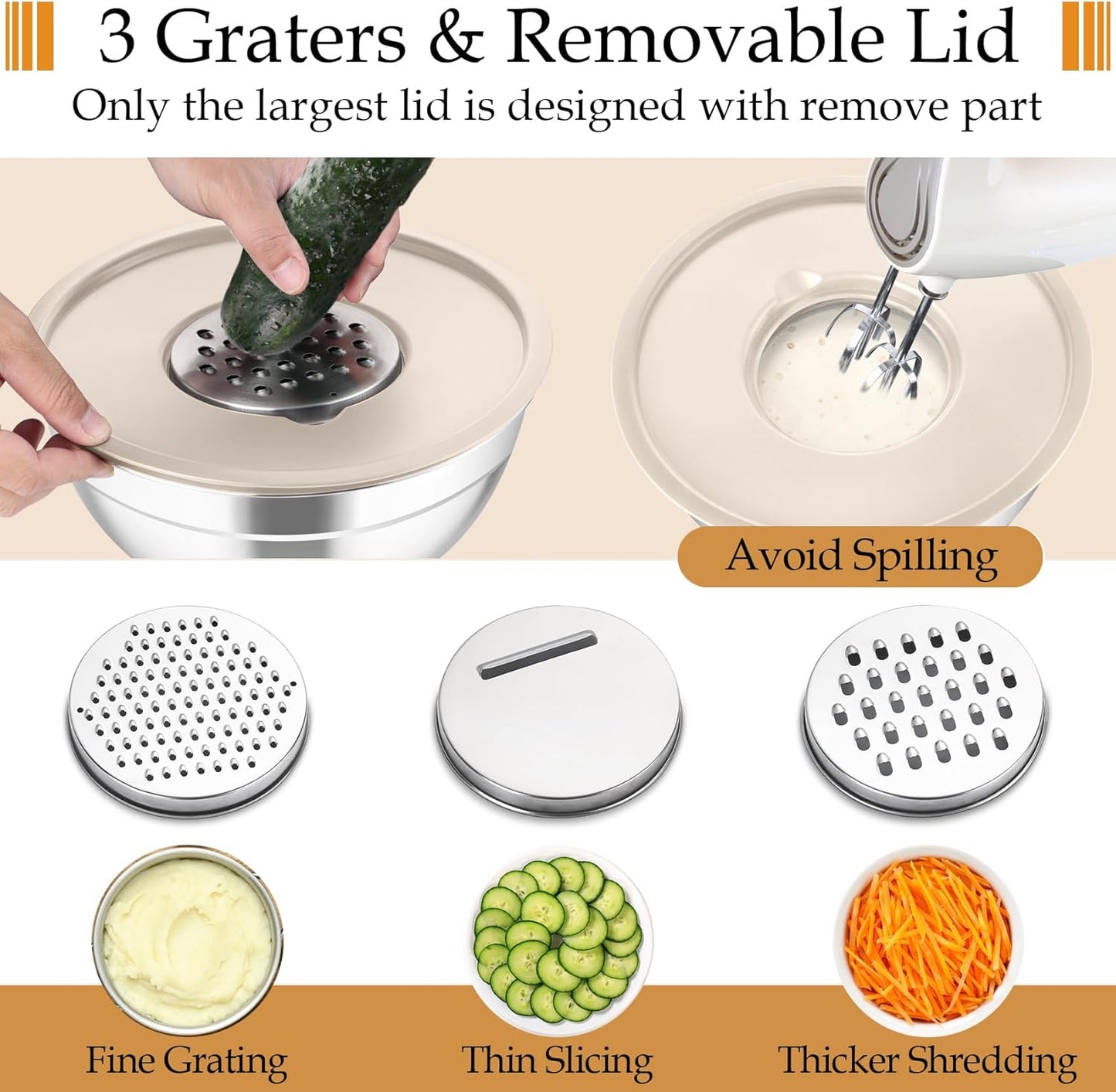 TeamFar Mixing Bowls, Stainless Steel Nesting Salad Bowls with Lids Set of 3 & 3 Grater Attachments, For Mixing/Serving/Storing, Non-toxic & Long-lasting, Size 4.6/3 / 1.5 QT, Khaki