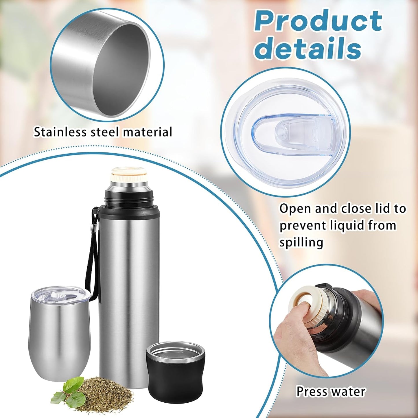 Dandat 2 Pieces Yerba Mate Cup and Vacuum Bottle Kit 12 oz Yerba Mate Gourd Cup and Bombilla Set for Travel, Turn The Cup Upside Down to Pour out All The Water(Steel Color)