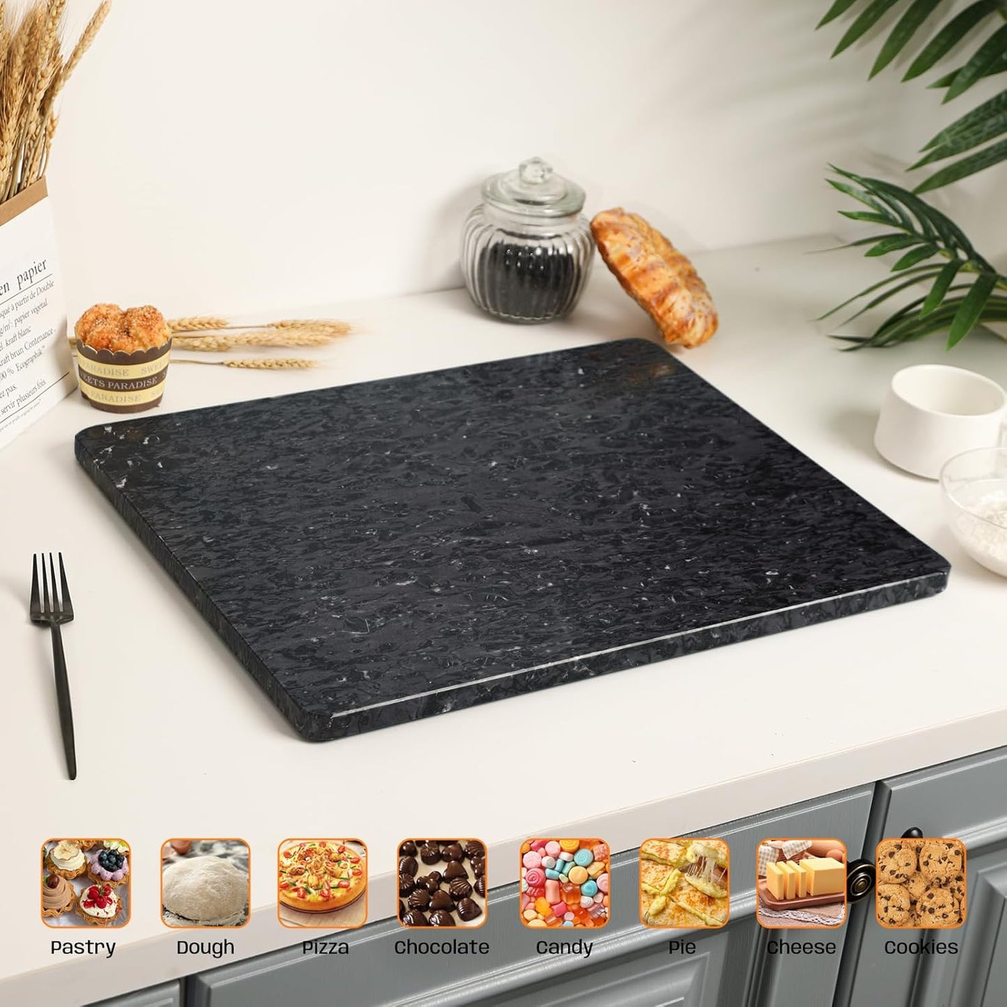 Black Marble Cutting Board For Kitchen, Large Marble Slab Pastry Board With Non-Slip Feet For Baking, Cheese, Charcuterie, Chocolate, 16x20 Inch, Pack Of 1 Piece