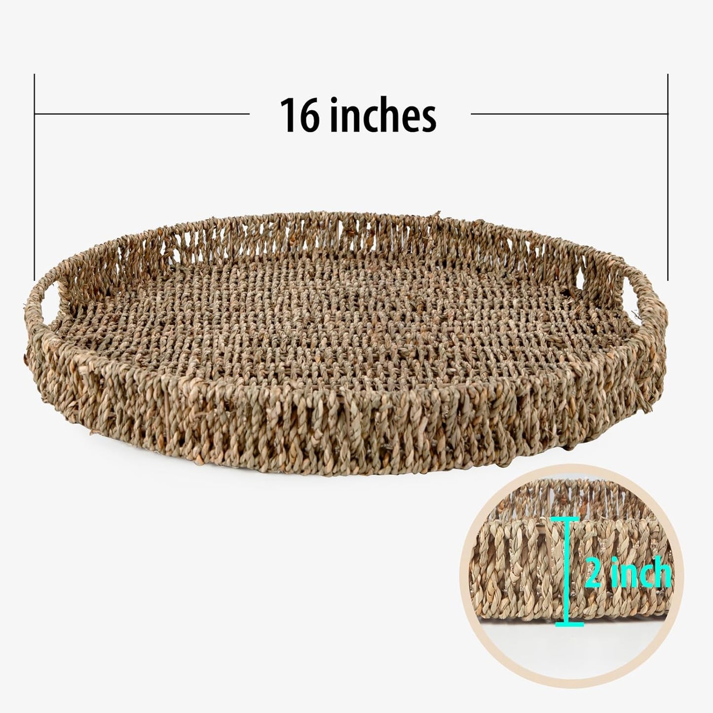 Round Ottoman Tray Large Wicker Serving Tray with Handles for Coffee Table, 16 Inch Handwoven Natural Seagrass Tray