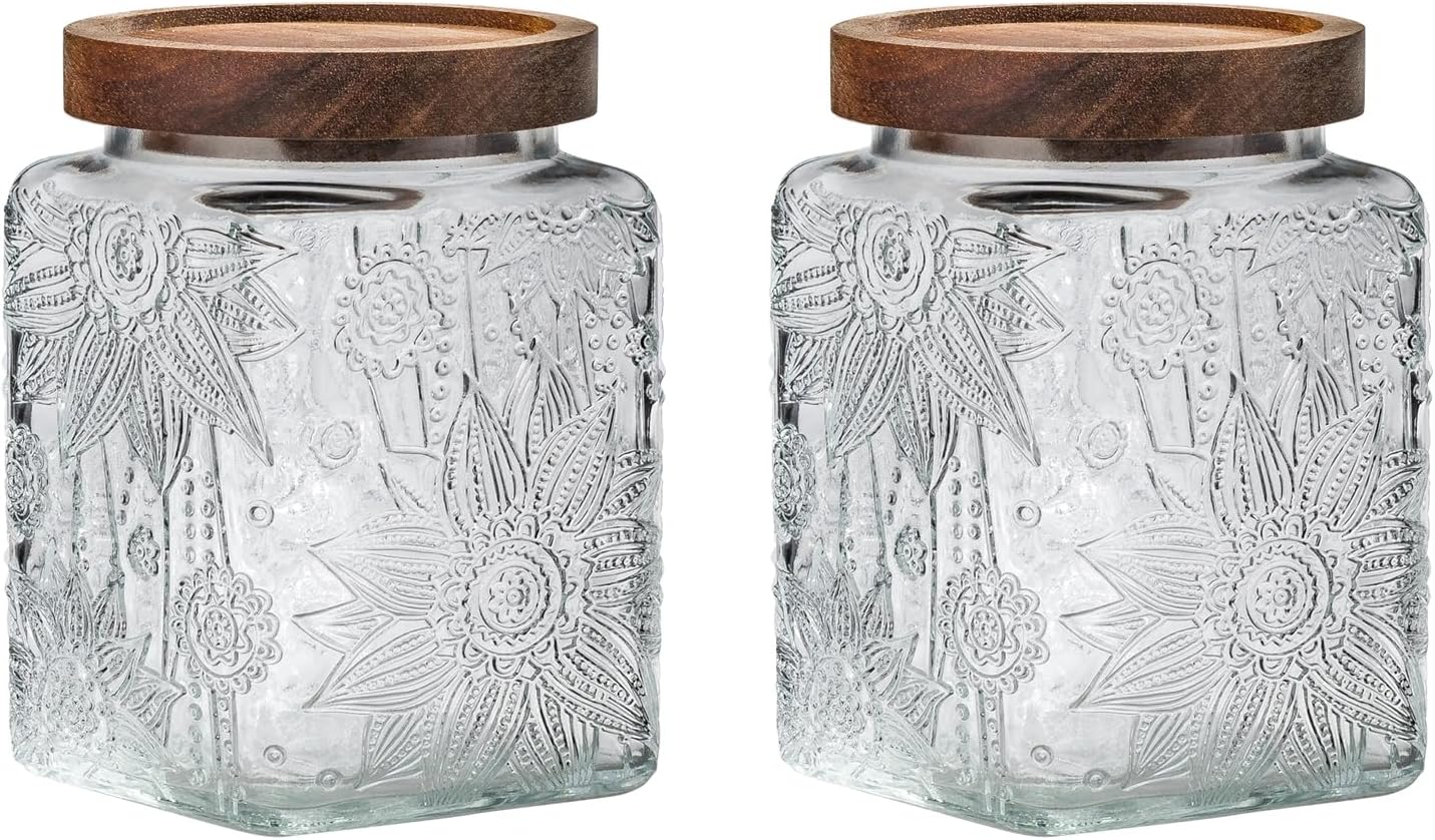 Snminetal Vintage Glass Airtight Storage Jar, With Airtight Wood Lid, Kitchen Food Storage Containers,for Kitchen Counter, Pantry, Tea, Sugar, Coffee Tea Beans,Flour,Food Storage Jar (Sunflower*2)