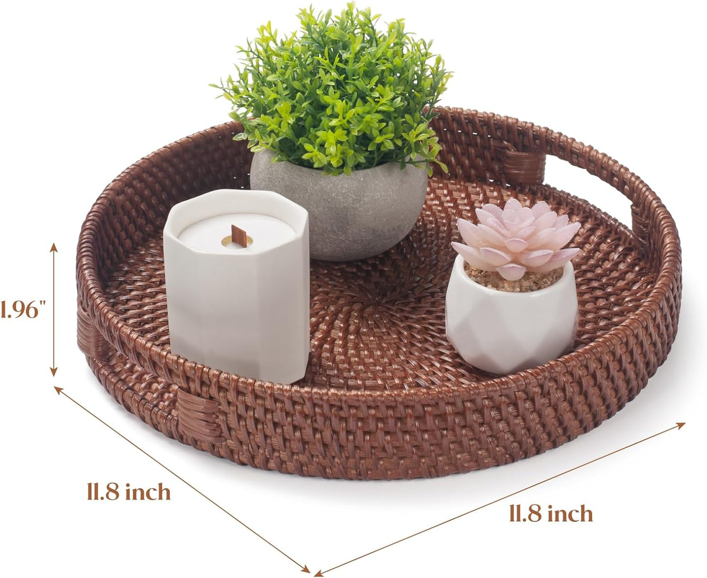 16.9 inch Round Rattan Tray, Woven Large Serving Tray with Handles, Wicker Serving Basket, Coffee Table Decor for Living Room, Reddish-Brown