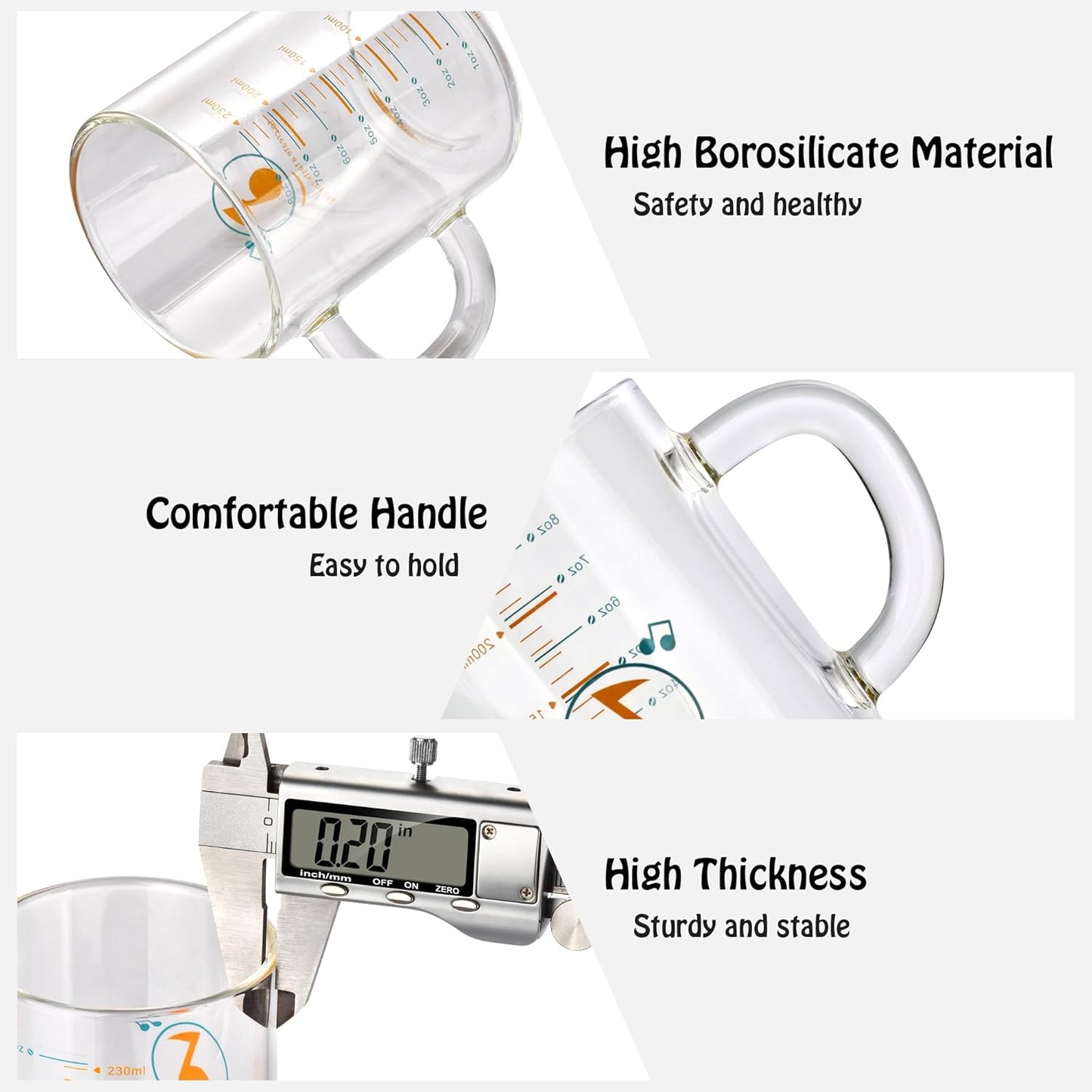 8oz Borosilicate Glass Measuring Cup with Spout Heat&Cold Resistant, Precise oz/ml Measurements, Drip Free Pouring for Kitchen, Baking, Coffee & Lab Easy to Clean Durable & Non-Toxic (Colourful-A)