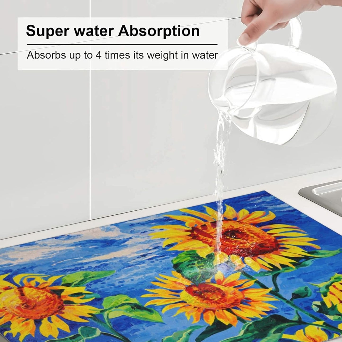 Sunflowers Large Dish Drying Mats For Kitchen Counter, Watercolor Yellow Flower Microfiber Kitchen Drying Mat Draining Pad Absorbent Dish Mat 18"x24" (Sunflowers Under The Blue Sky)