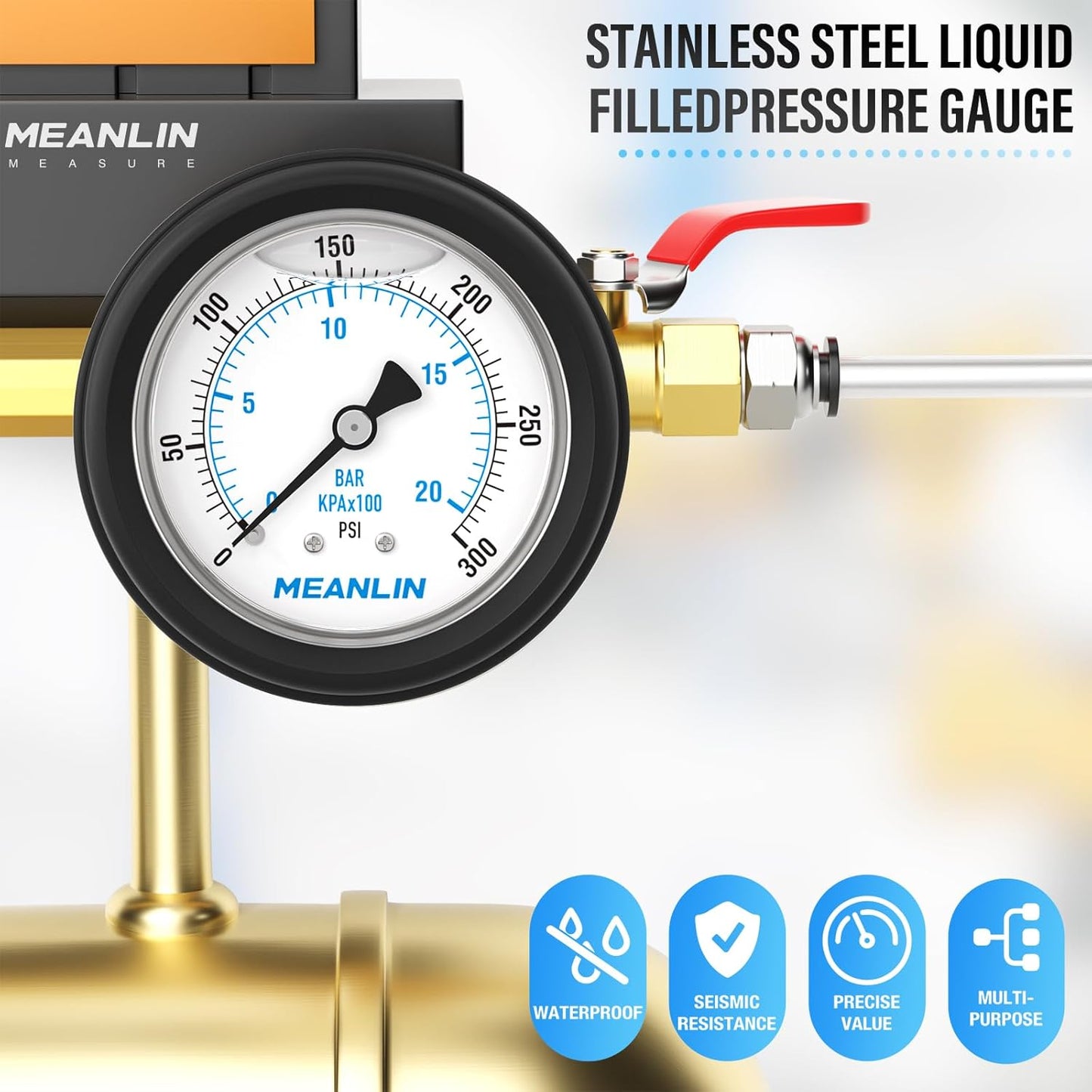 MEANLIN MEASURE 0~300Psi Stainless Steel Liquid Filled Pressure Gauge 1/4" NPT 2.5" FACE DIAL with Rubber Protective Sleeve, Center Back Mount