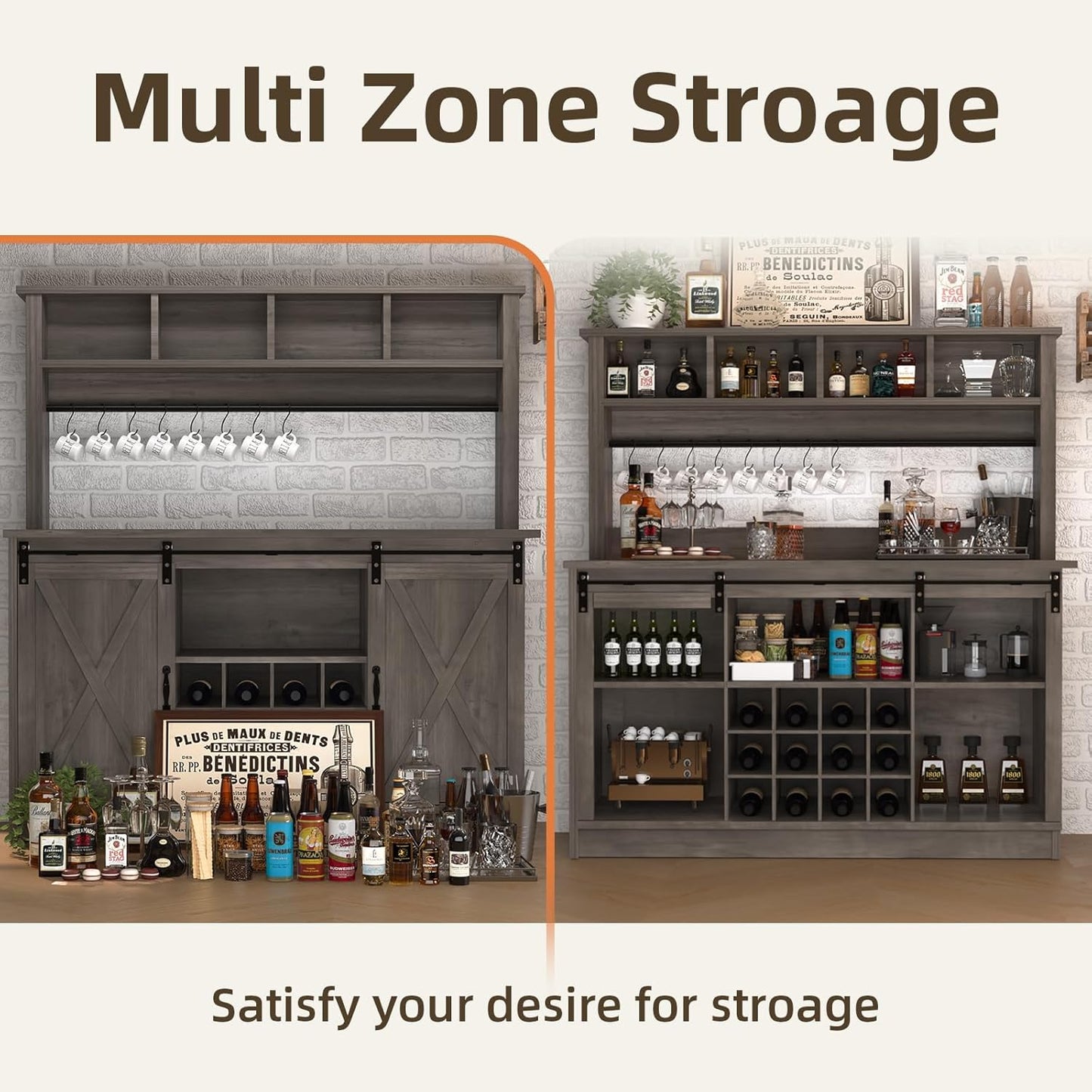 4ever2buy Farmhouse Coffee Bar Cabinet with 4 Storage Hutch, 55”Coffee Bar with Sliding Barn Doors, Hutch Cabinet with 12 Wine Racks & 8 Hooks for Dining Room, Kitchen, Wash Grey