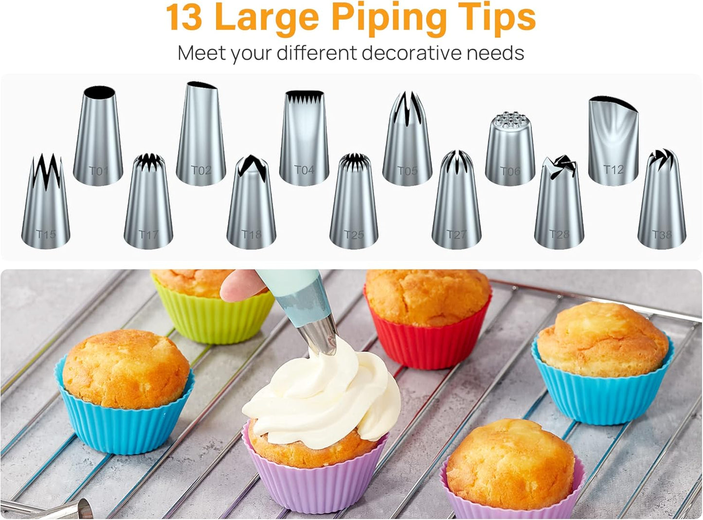 Kootek 54 in 1 Piping Bags and Tips Set with 13 Large Size Piping Tips, 35 Standard Size Icing Tips, 2 Reusable Pastry Bags 12 Inch, Cake Decorating Kit Supplies, Frosting Piping Kit for Cake, Cupcake