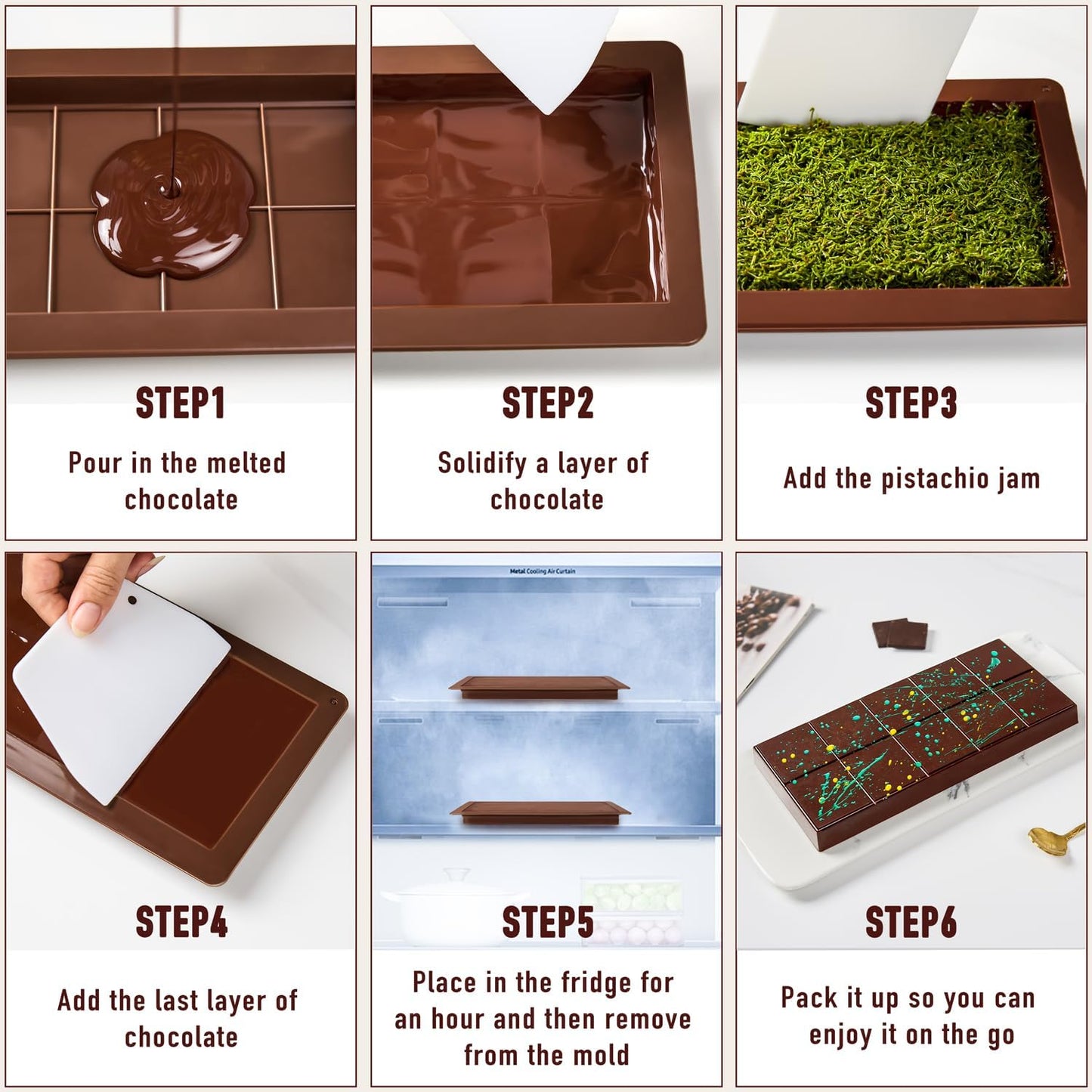 Dubai Chocolate Mold 2 Pack,0.79 Inch Deep Large and Thick Silicone Chocolate Bar Molds for Stuffed Bar,Big Chocolate Candy Bar Mold for Filling Knafeh Pistachio Kit