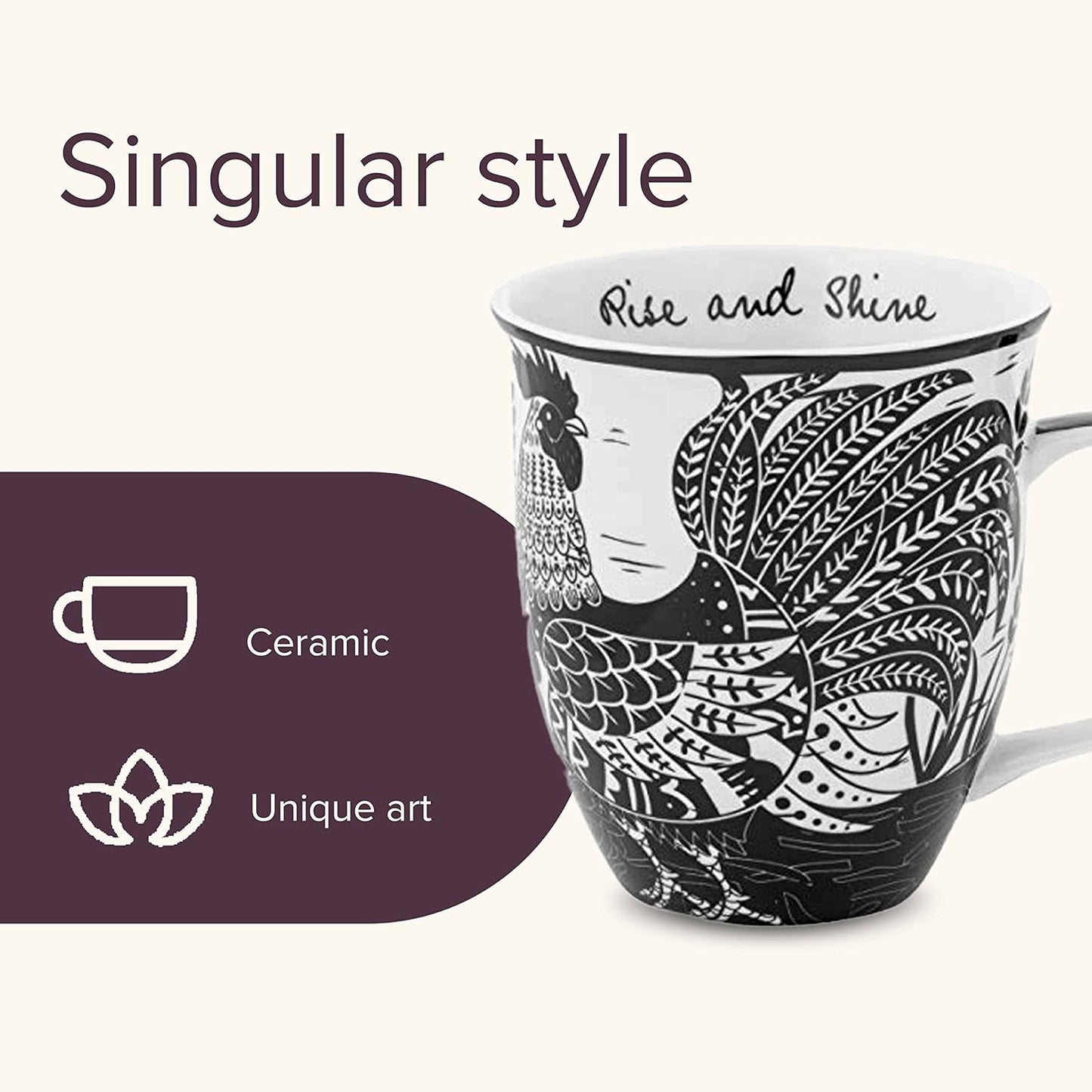 Karma Gifts 16 oz Black and White Boho Mug Rooster - Cute Coffee and Tea Mug - Ceramic Coffee Mugs for Women and Men