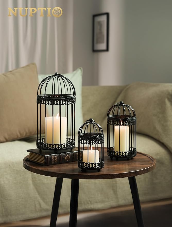 NUPTIO Vintage Bird Cage Lantern: Black Hanging Bird Cage Decor Candle Lanterns for Centerpiece - Large Birdcage Pillar Candles Holder for Halloween Christmas Bridal Shower 10 Inch H