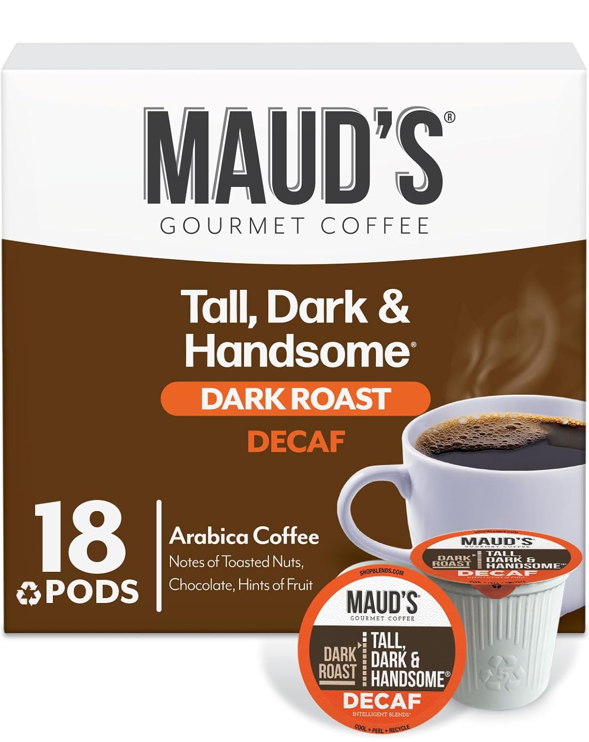 Maud's Decaf Dark Roast Coffee Pods, 18 ct, Decaffeinated Coffee in Recyclable Single Serve Pods – 100% Arabica Coffee, Compatible with Keurig K Cups Maker