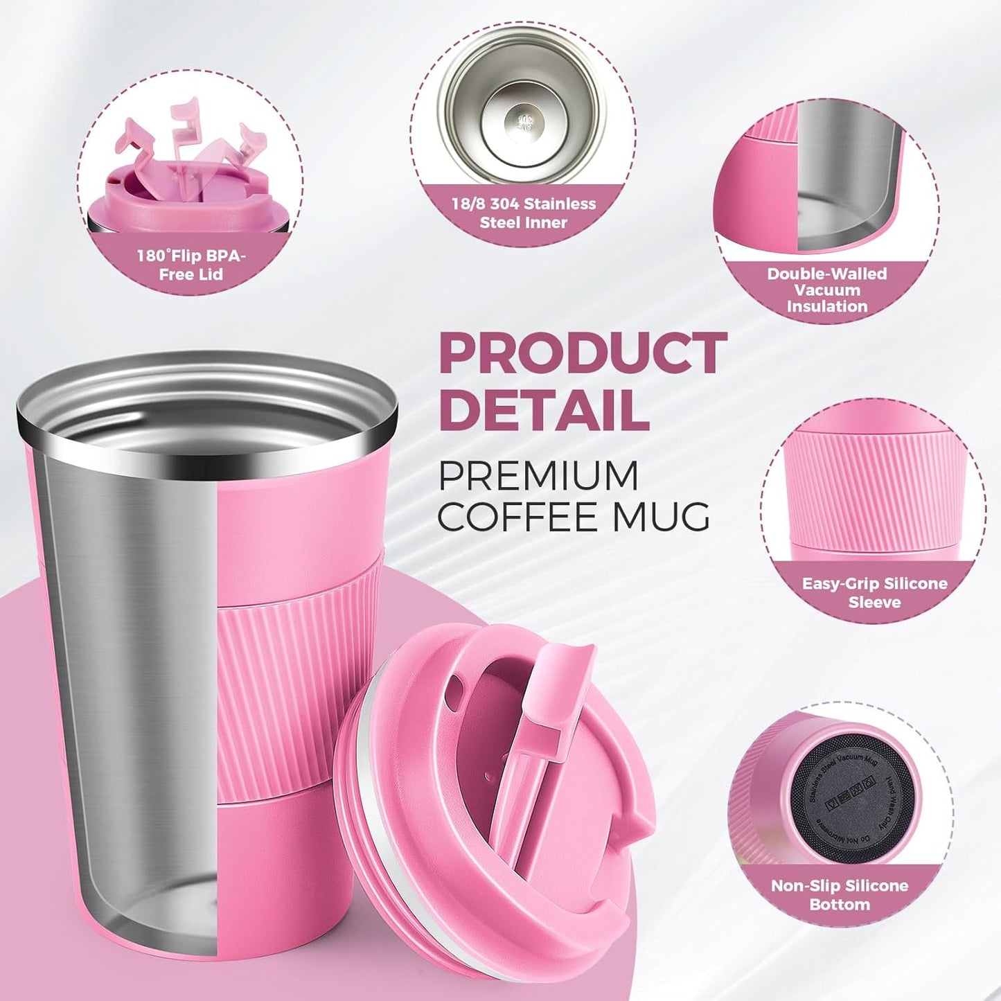 Volhoply 13 oz Stainless Steel Insulated Travel Coffee Mug with Fip Lid,Reusable Double Wall Vacuum Metal Coffee Cup,Portable to Go Leak Proof Cafe Thermal Tumbler for Hot & Cold Drinks(Pink,1)