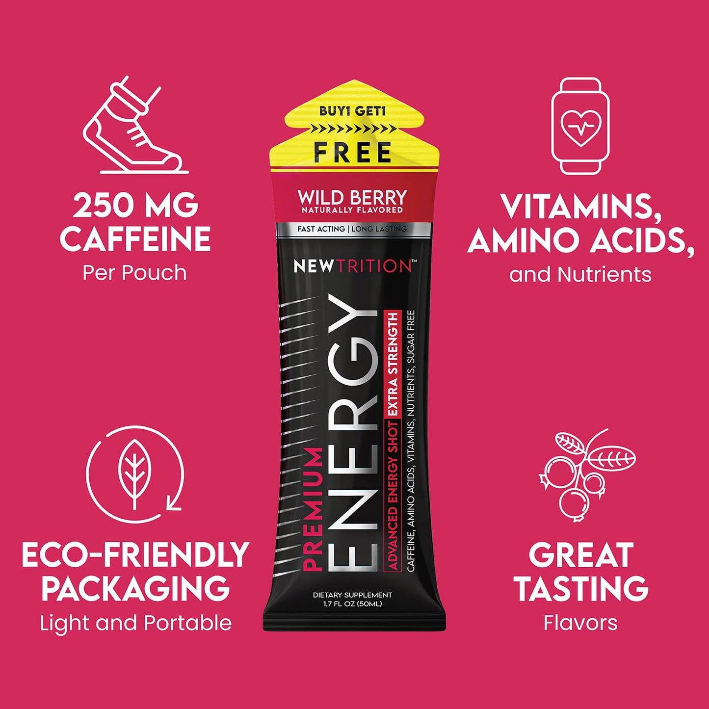 NewTrition® Extra Strength Energy Shots, 250mg Caffeine Energy Shots with Vitamin B & Amino Acids, Sugar-Free Vitamin Energy Shot, 1.7 fl oz (Pack of 24, Wild Berry)