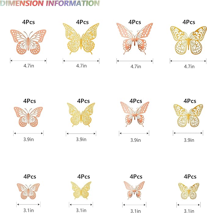 SAOROPEB 3D Butterfly Wall Decor, 48 Pcs 4 Styles 2 Color 3 Sizes, Removable Metallic Wall Sticker Room Mural Decals for Kids Bedroom Nursery Classroom Party Decoration (2 Color)