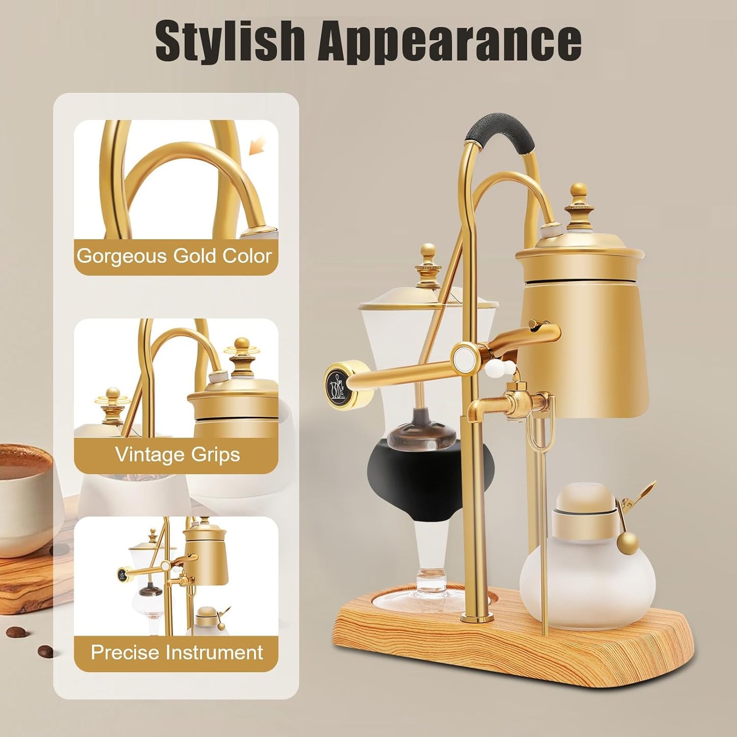 Belgium Siphon Coffee Maker, Family Balance Syphon Unique Gravity Vintage Coffee Maker, Elegant Double Ridged Fulcrum with Tee Handle, Vintage Classic Retro Coffee Pot