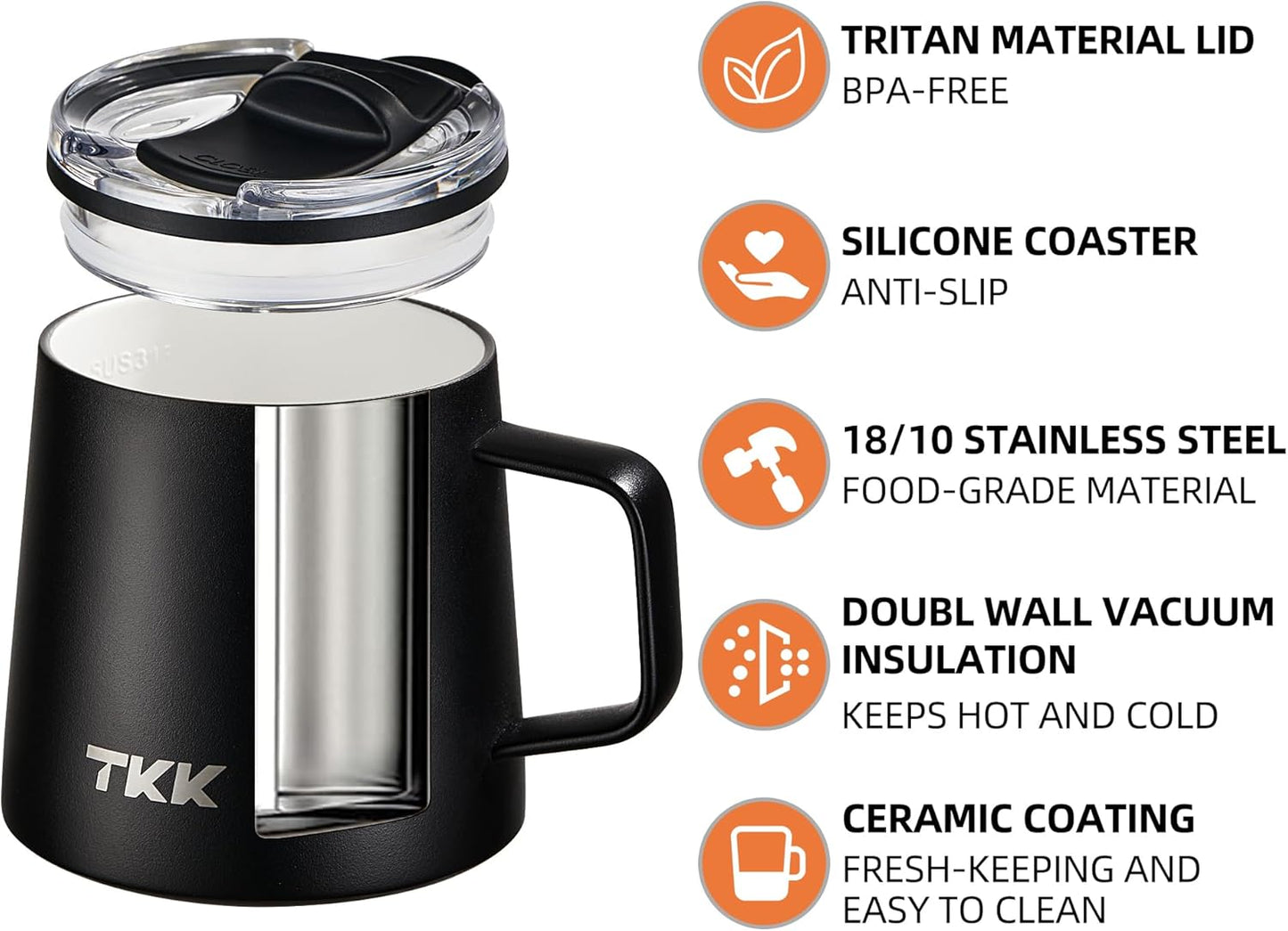 TKK 12 oz Insulated Coffee Mug with Handle Ceramic Coating Detachable Slider Lid Stainless Steel Tumbler Double Wall Vacuum Travel Cup