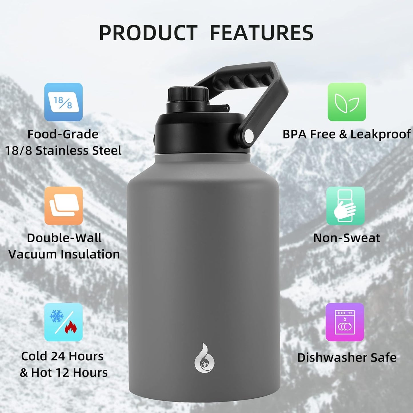 BJPKPK One Gallon(128 oz) Insulated Water Bottle, Dishwasher Safe Stainless Steel Thermos, BPA Free Jug with Ergonomic Handle & Anti-slip Bottom, Large Water Bottle, Grey