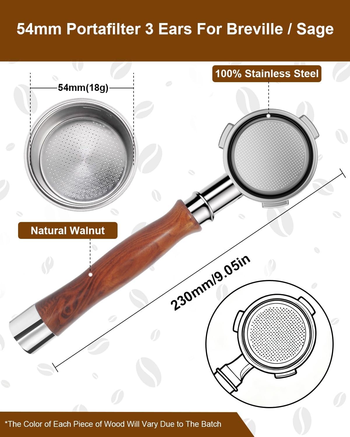 54mm Bottomless Portafilter 3 Ears, Bottomless Naked Portafilter Compatible with Breville/Sage Barista Express BES870/876/878/880/881/450/500/810/840, with Puck Screen and 18g Filter Basket - Rosewood