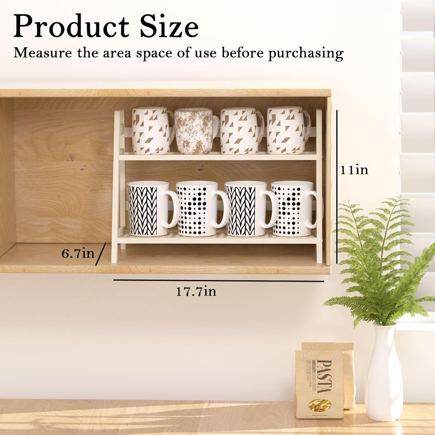Wicker-Look Coffee Station Organizer, Bamboo Mug Holder Countertop, Kitchen Counter Shelf for Tea Coffee Bar Accessories, Matcha Stand, Cup Display, Condiment Storage Rack, 2 Tier, White