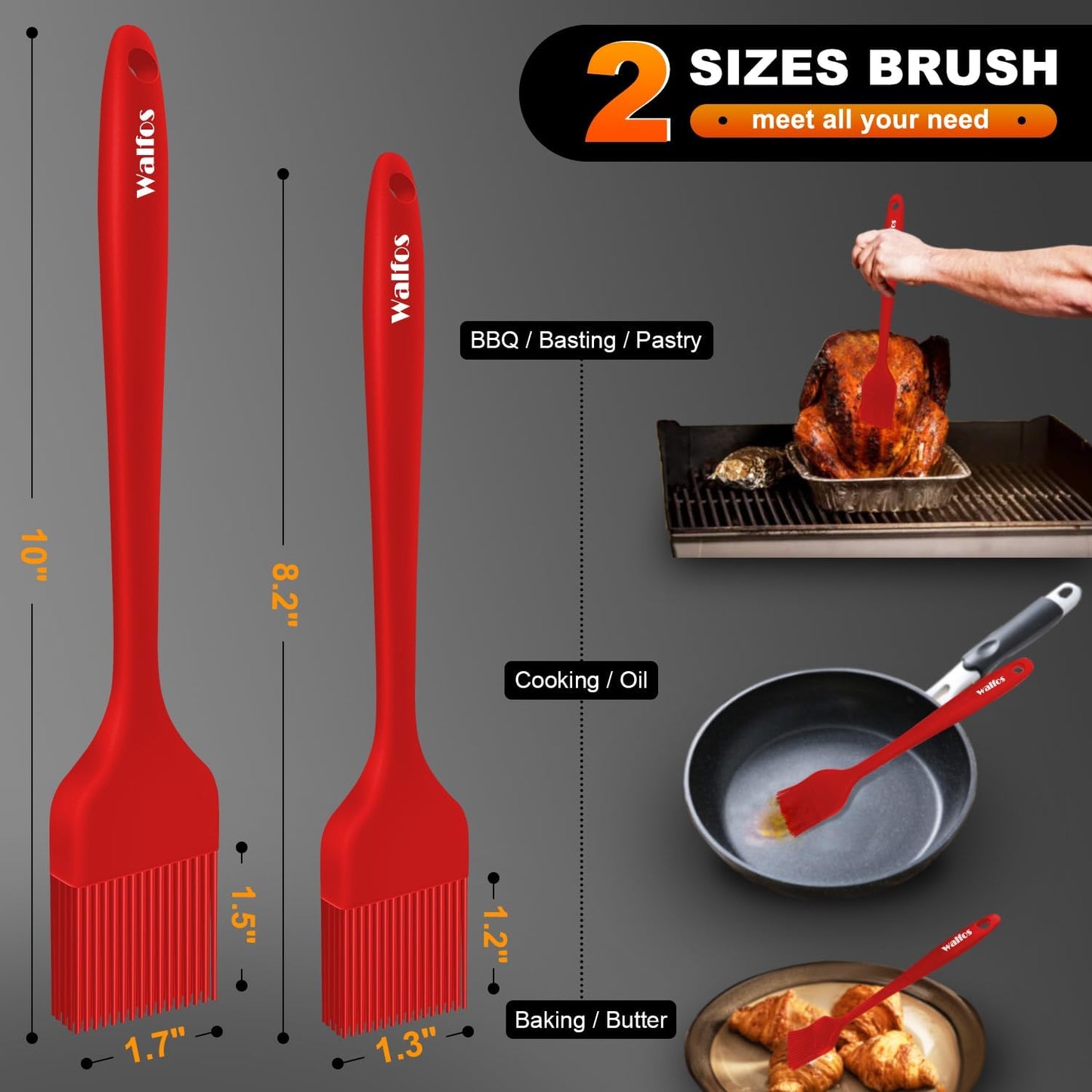 Walfos Silicone Basting Pastry Brush, Heat Resistant Pastry Brush Set, Strong Steel Core and One-Pieces Design, Perfect for BBQ Grill Baking Kitchen Cooking, BPA Free and Dishwasher safe, 2 Pcs (red)