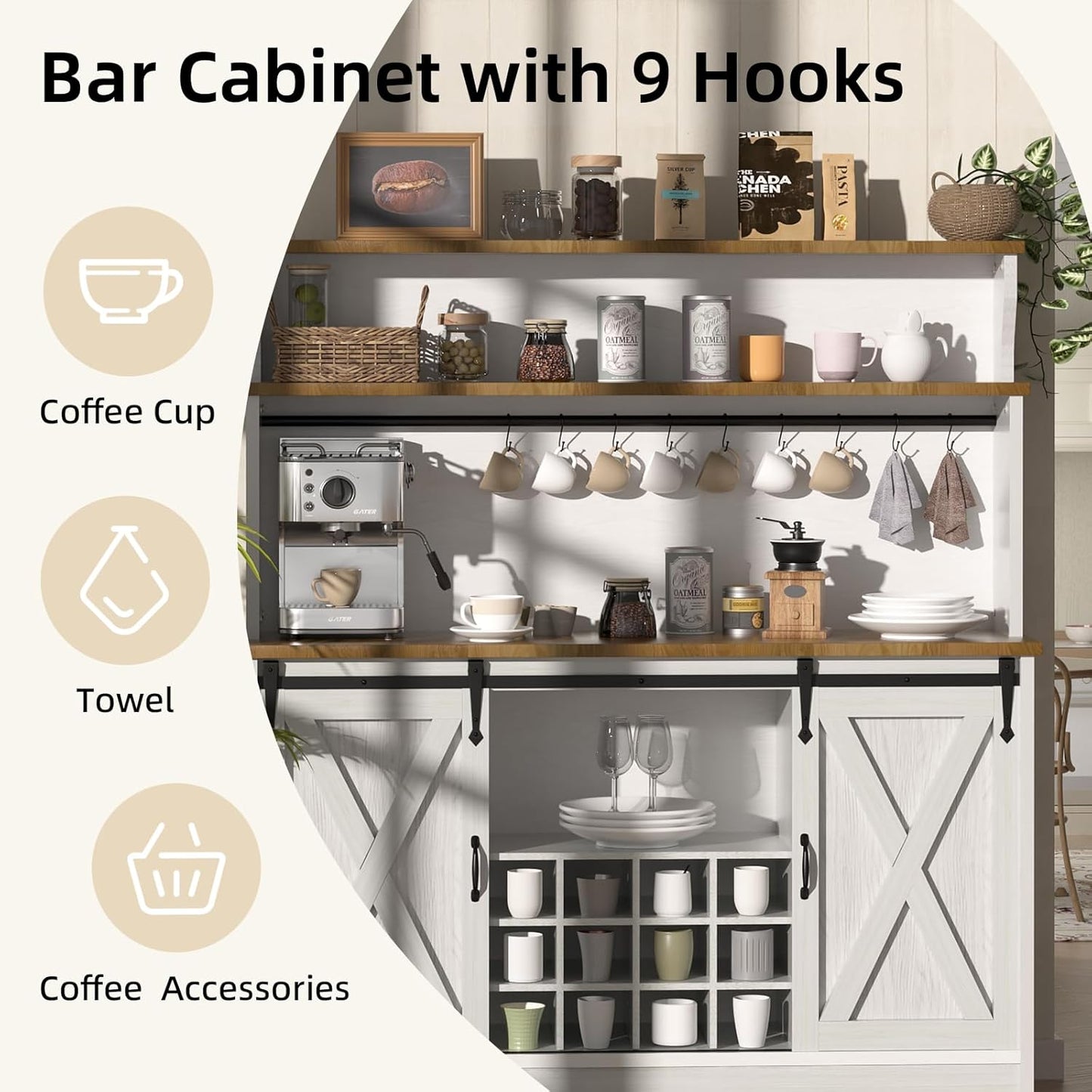 55'' Farmhouse Coffee Bar Cabinet with 3 Tier Storage Hutch, Coffee Bar Station with Sliding Barn Door, Hutch Storage Cabinet with 12 Wine Racks & 9 Hooks for Kitchen Dining Living Room