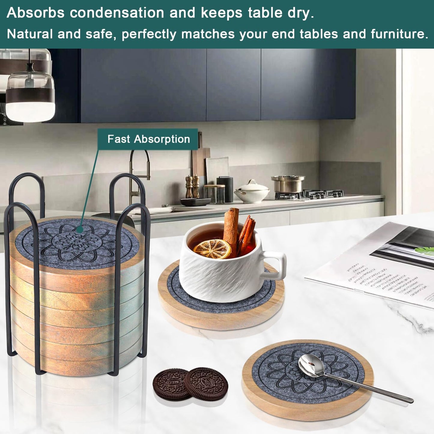 Wood Coasters for Drinks Set of 8, Minacun Absorbent Coaster, Drinks Coasters for Coffee Tabletop Protection, Non-Slip, Non-Stick, Suitable for Kinds of Cups Wooden Table Drink, 4.3 Inch Gray