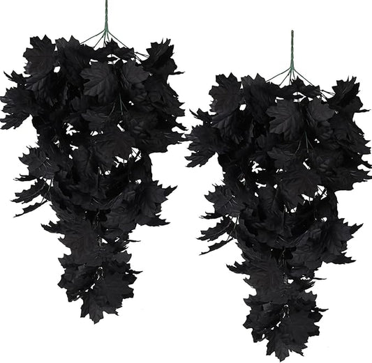RECUTMS Black Maple Leaf Artificial Hanging Plants Fake Plants Faux Fall Leaves Halloween Faux Plants Autumn Leaves Artificial Wall Hanging Indoor Outdoor Halloween Decoration（Black）