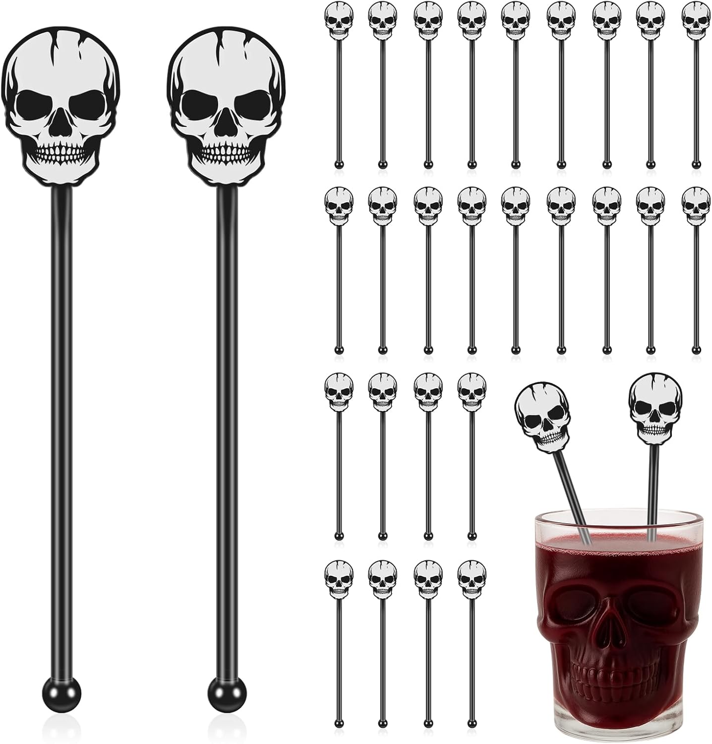 30 Pcs Halloween Swizzle Sticks Plastic Coffee and Cocktail Stirrers Fall Thanksgiving Drink Stirrers Cocktail Mixers for Halloween Fall Autumn Party Tea Coffee Bar Decoration(Skull)