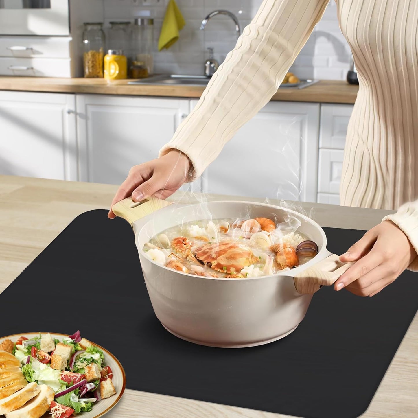 Silicone Mat for Kitchen Counter, Silicone Mat Trimable to Size (Black, 15.7×11.8inch-2pcs), BPA-Free Silicone Placemat, Heat-Resistant NonSlip Table Mat for Air Fryer, Countertop Protector Mat