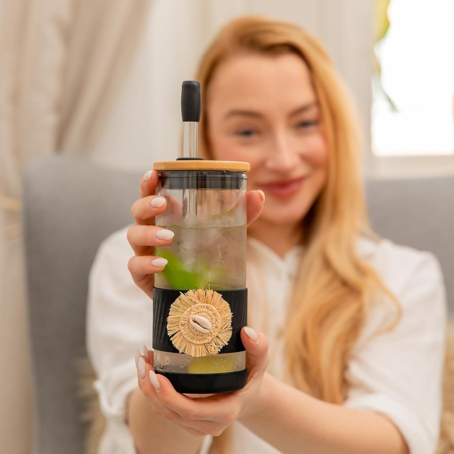 Pandaloo® Glass Cups With Lids and Straws -20 Fl Oz- Hand Made cool shell-raffia detail- Perfect Size Iced Coffee Cup - Smoothie Cup - BPA Free- (Ethnic-Chic Natural, 1 Count (Pack of 1))