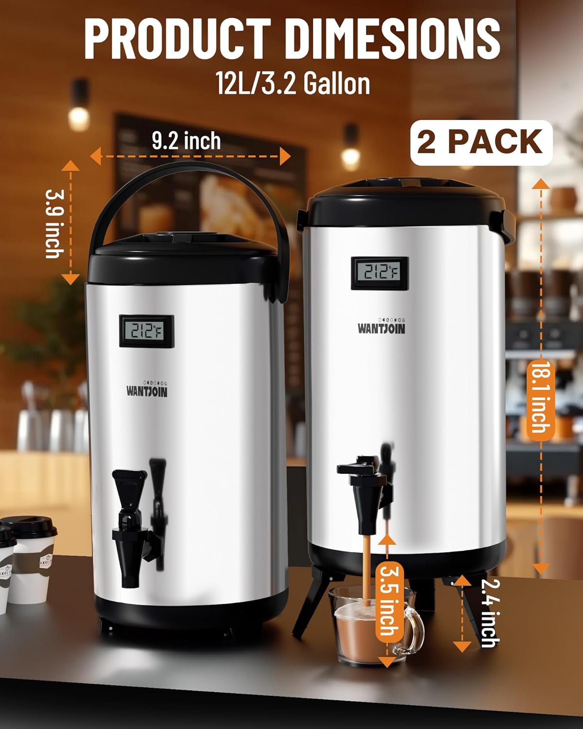 WantJoin 2 Pack Insulated Beverage Dispenser-75 Cup Hot&Cold water Urn for Catering-Stainless Steel Premium 12 L/3.2 Gallon Hot Drink Dispenser with Spigot for Coffee & Hot tea,Cold Milk,Water,Juice