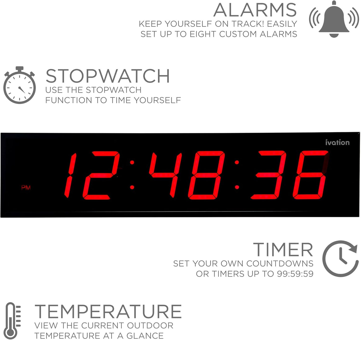 Ivation Huge Oversized 60" Large Digital LED Clock | Big Digital Clock w/Multi-Function Display – Stopwatch, Timer, Alarms, Temp & Date | 6 Brightness Levels, Time Memory & Remote (Red)