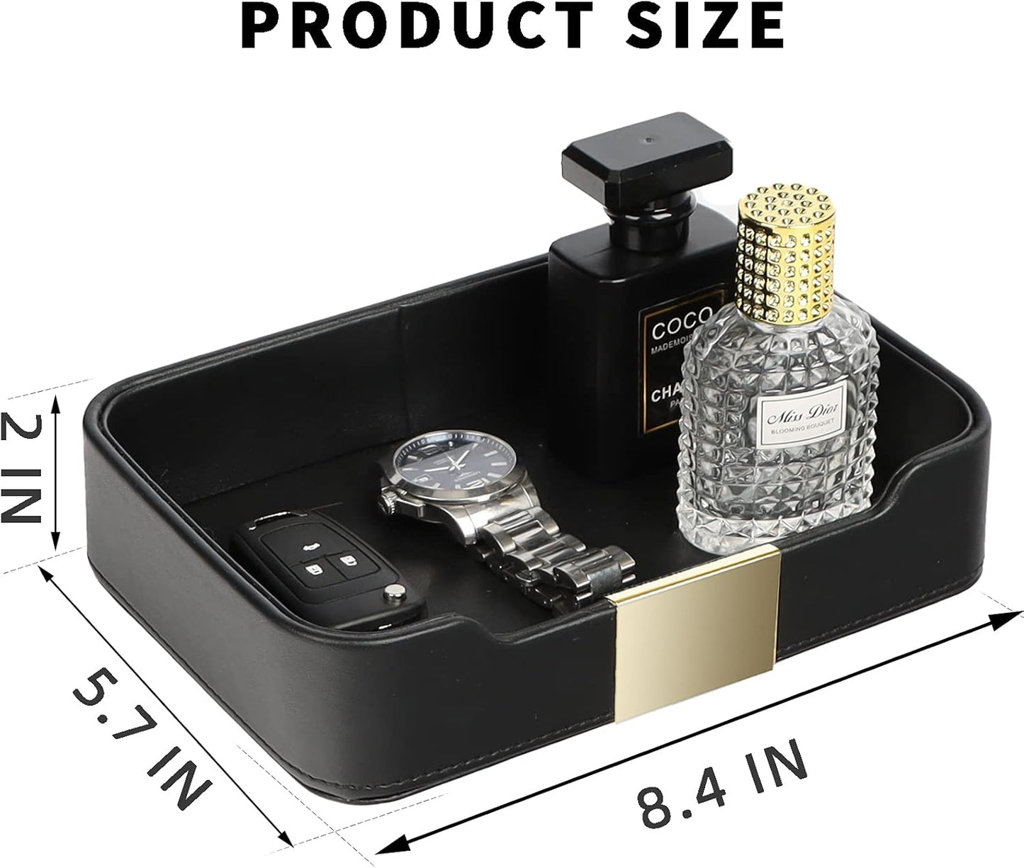 SANZIE Luxury Leather Tray Desktop Storage Catchall Organizer Decorative Tray for Entryway Table to Hold Jewelry Watch Keys Phone Wallet (Metal Glided, Black)