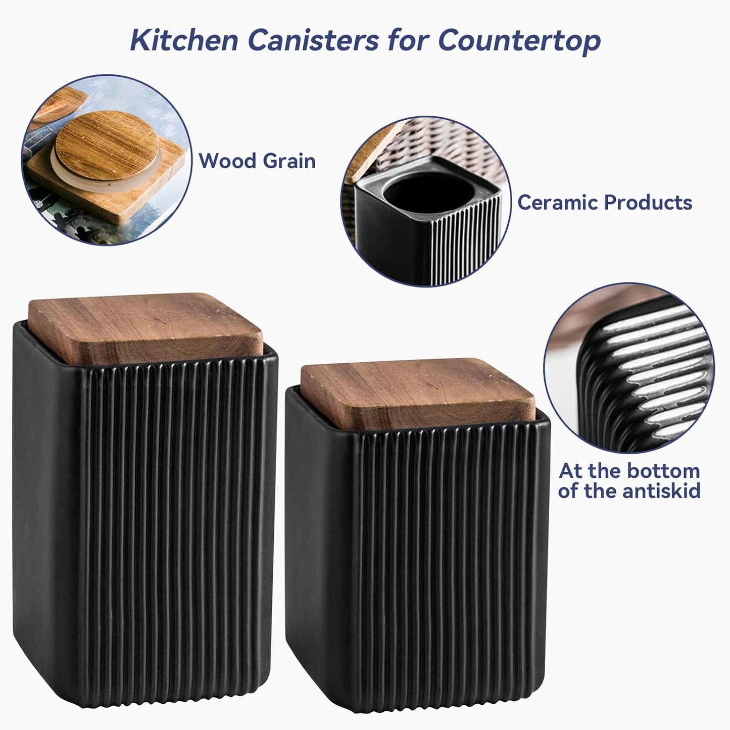 Ceramic Storage Jars Modern Elegant Polished Airtight Gorgeous Storage Canisters with Wooden Lid Small Food Stroage Jar for Kitchen Spice Tea Vanilla Sugar Coffee Beans (Black,Large size,17cm*10cm)