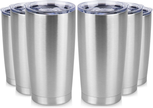 20 oz Tumbler Stainless Steel Tumblers Bulk with Lid Double Wall Insulated Coffee Tumbler Cups for Hot & Cold Drinks Powder Coated Travel Coffee Tumbler Mug Metal (Stainless Steel, 6 pack)