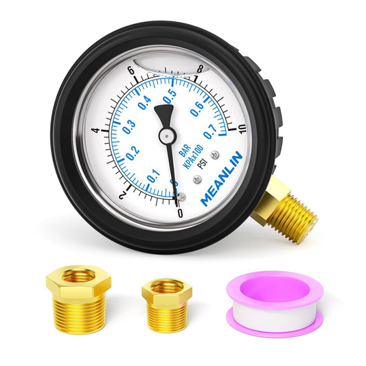 MEANLIN MEASURE 0~10Psi Stainless Steel 1/4" NPT 2.5" FACE DIAL Liquid Filled Pressure Gauge, Lower Mount (with Rubber Protective Sleeve), with 1/2" NPT and 3/8" NPT Hex Bushing