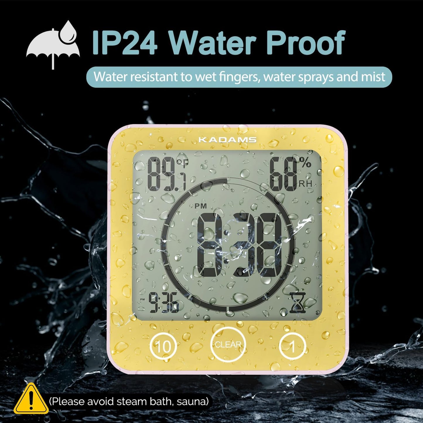 KADAMS Shower Clock Waterproof Bathroom Timer – Digital Wall Clock with Countdown, Magnetic Kitchen Clock with Temperature & Humidity, Suction Cup for Kids Shower Spa Sauna Cook Bath (Yellow)