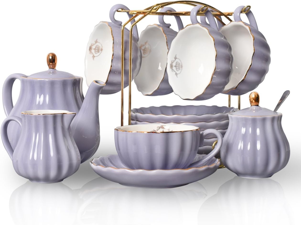 Porcelain Tea Sets British Royal Series, 8 OZ Cups& Saucer Service for 6, with Teapot Sugar Bowl Cream Pitcher Teaspoons and tea strainer for Tea/Coffee, Pukka Home(purple)