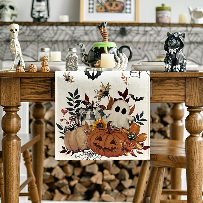 Artoid Mode Pumpkin Ghost Leaves Spider Web 210 GSM Halloween Table Runner, Spooky Kitchen Dining Table Decoration for Home Party Decor 13x36 Inch