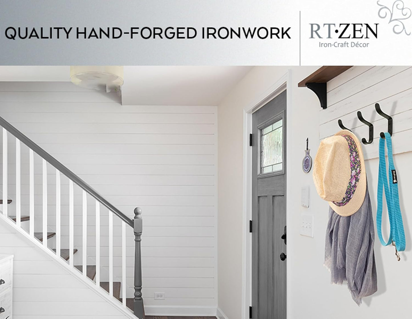 RTZEN Wall Mount Hook Set - Wrought Iron Decorative Rustic Metal Coat Hooks for Hanging - Handcrafted Classic Farmhouse Wall Mounted Black Hooks for Towel Robe or Hat Hanging - 3 Pack