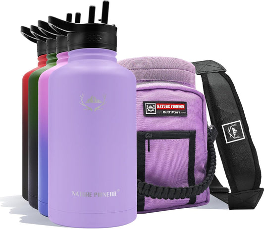NATURE PIONEOR Insulated Water Bottles with Straw - 64oz Stainless Steel Vacuum Bottle with Holder/Carrier/Sleeve - Reusable 18/8 Food Grade Half Gallon Water Jug