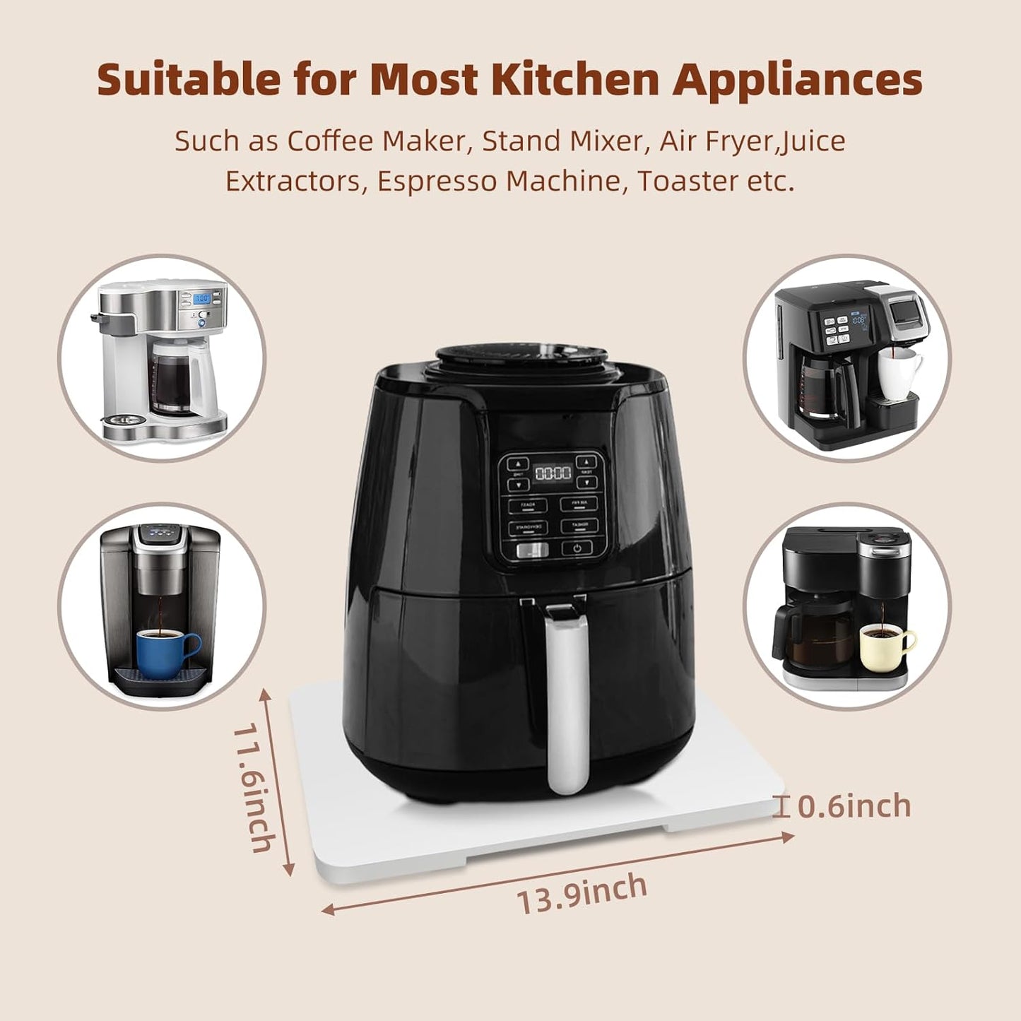 360° Rolling Tray Bamboo Appliance Slider for Kitchen Appliances, Coffee Maker Mat Tray for Countertops Sliding Tray for Coffee Maker Appliances Mat Easily from Under The Cabinet White 11.6×13.9